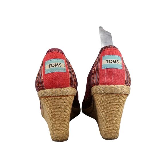 Toms Shoes Womens 8 Wedge Sandal Casuall Fashion Calypso Espadrille Red Peep Toe - Picture 5 of 14